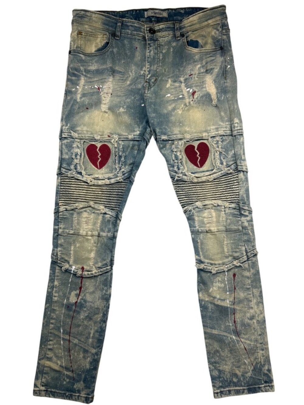 Track 23 Men's Sz 36x32 Heartbreaker Distressed Jeans Paint Splatter Heart Patch